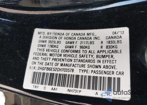 2012 Honda Civic Si from USA, damaged, VIN 2HGFB6E52CH703578